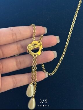 Vintage Givenchy Gold Logo Lariat Necklace with Cream Pearl Drops